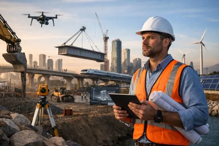 Civil engineer overseeing modern infrastructure project using digital tools and advanced construction methods in 2026