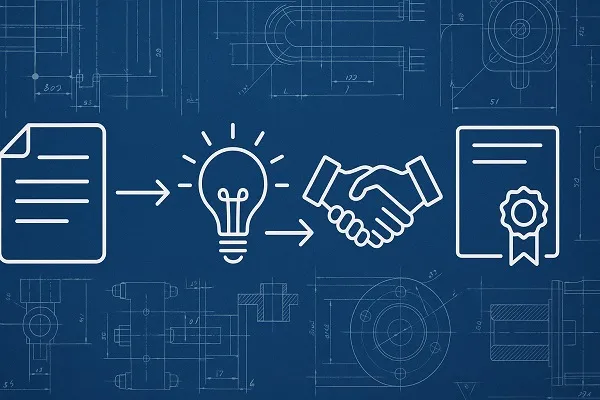 Illustration of the patent application process showing icons of a document, lightbulb, handshake, and certificate connected by arrows.