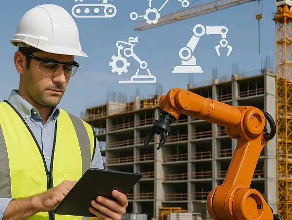 Construction engineer using a tablet beside a robotic arm at a building site with automation icons floating in the air.