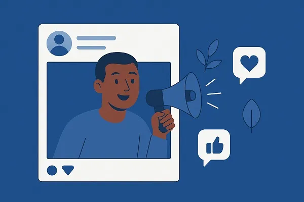Illustration of a smiling man speaking into a megaphone from within a social media profile frame, with icons of a heart, thumbs-up, and leaves surrounding him.