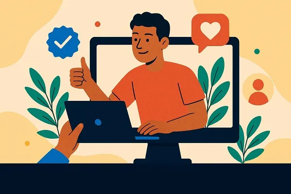 Wide digital illustration of an IT professional giving a thumbs-up through a laptop screen, symbolizing trust, reputation, and employer branding.