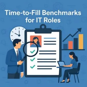 Wide illustration showing “Time-to-Fill Benchmarks for IT Roles” with a recruiter examining a resume, a clock, growth chart, and a candidate working on a laptop.