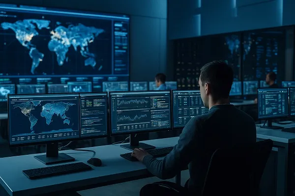 A modern Network Operations Center with operators monitoring multiple large screens displaying network maps, analytics, and system data, illustrating the environment for NOC interview preparation by Tier2Tek Staffing.