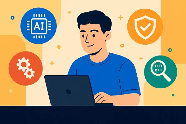 Wide digital illustration of an IT professional at a laptop surrounded by icons symbolizing AI, cybersecurity, software development, and data analysis.