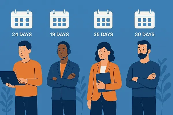 Wide illustration of four IT professionals, each with a calendar icon above their head representing different hiring durations.