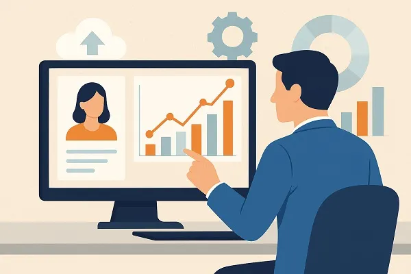 Illustration of a recruiter analyzing predictive analytics data on a screen with candidate profiles and performance graphs.
