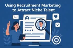 Illustration of recruitment marketing showing a female recruiter pointing to a candidate profile on a computer screen, with a magnifying glass highlighting the candidate, surrounded by icons like a heart, checkmark, and target.