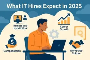 Wide digital illustration of IT hires’ expectations in 2025, featuring icons for remote work, career growth, compensation, and workplace culture.
