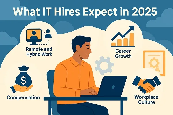 Wide digital illustration of IT hires’ expectations in 2025, featuring icons for remote work, career growth, compensation, and workplace culture.