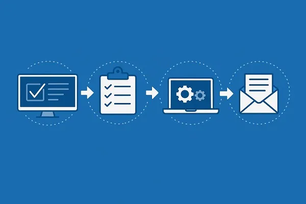 Illustration of automated HR workflows with icons showing a computer, checklist, laptop with gears, and an envelope connected in sequence.