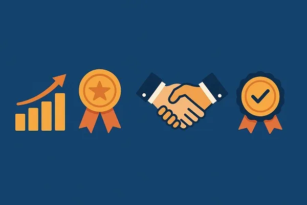Wide illustration showing icons for HR compliance benefits, including growth, achievement, trust, and approval.