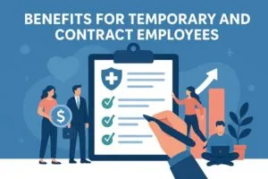 Wide illustration of HR professionals providing benefits to temporary and contract employees, with icons for healthcare, pay, and wellness.