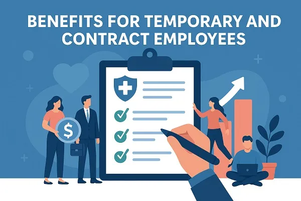 Wide illustration of HR professionals providing benefits to temporary and contract employees, with icons for healthcare, pay, and wellness.