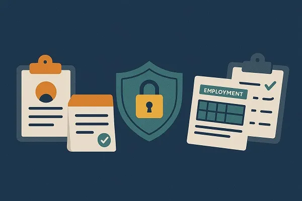 Wide illustration of HR compliance best practices with icons for documents, contracts, data security, and employment forms.
