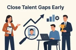 Hiring manager reviewing resumes with team members, growth chart, and success icons representing closing talent gaps early.