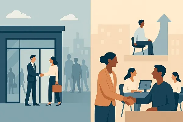 Split-panel illustration contrasting external hiring at an office entrance with internal promotion in a workplace scene.