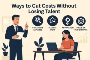 Illustration of employees collaborating with icons representing cost savings, flexible work, automation, and performance focus.