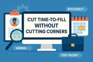 Illustration of efficient hiring with resume, calendar, computer, briefcase, and arrows symbolizing speed and top talent.