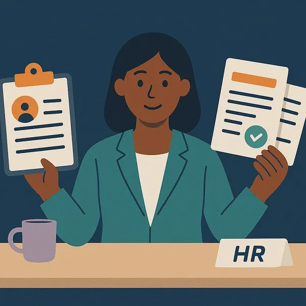 Illustration of an HR professional seated at a desk holding essential new hire documents, including a clipboard and signed forms.