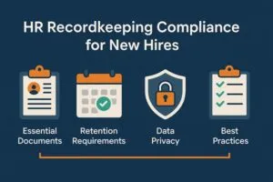 Infographic illustrating HR recordkeeping compliance for new hires with icons for essential documents, retention requirements, data privacy, and best practices.