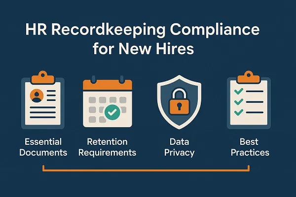 Infographic illustrating HR recordkeeping compliance for new hires with icons for essential documents, retention requirements, data privacy, and best practices.
