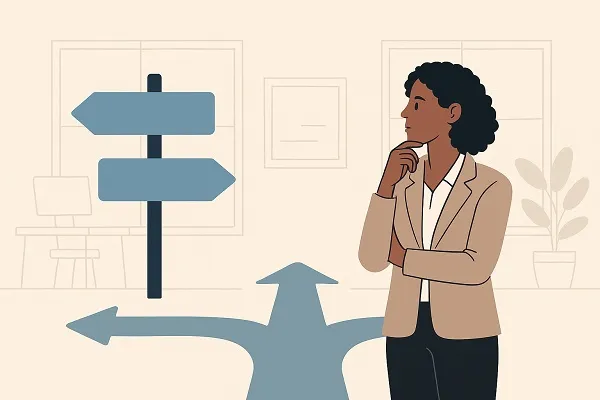 Businesswoman standing at a crossroads with directional signs inside an office.