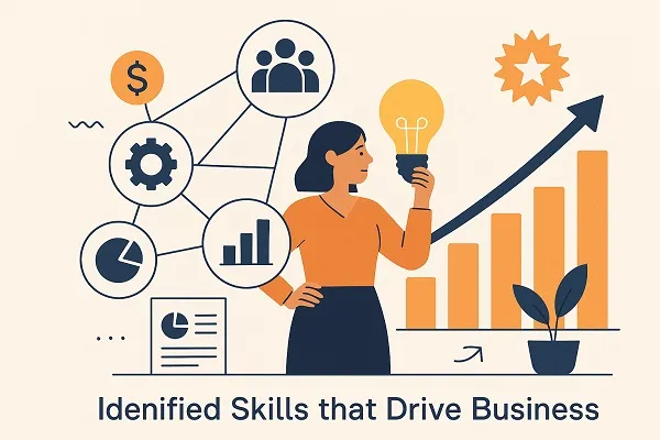 Manager reviewing skill categories with icons of teamwork, analytics, and growth to identify skills driving business success.