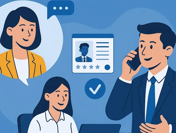Illustration of recruiters and candidates communicating through laptop, phone, and chat icons.