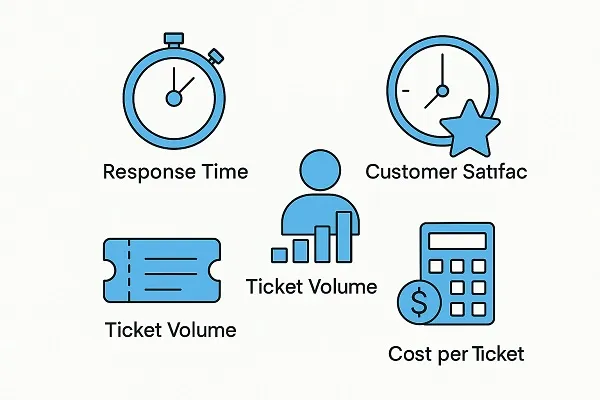 Illustration showing icons representing key helpdesk KPIs including response time, customer satisfaction, ticket volume, and cost per ticket.