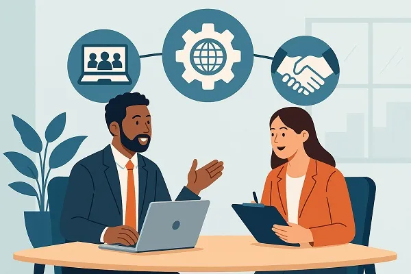 Illustration of two professionals collaborating at a table with icons symbolizing partnerships, outsourcing, and teamwork.