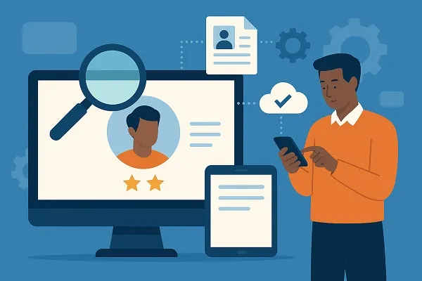Illustration of a recruiter using digital hiring tools with candidate profiles, gears, and cloud check icons.