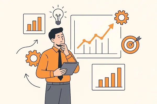 Illustration of a business professional analyzing charts and graphs with gears, lightbulb, and target icons around him.