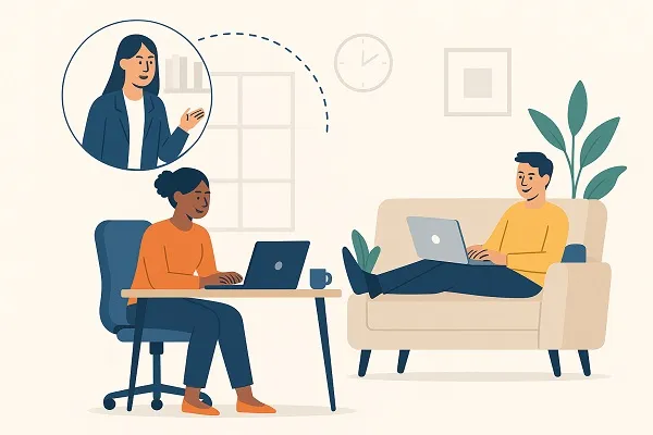 Illustration of employees working flexibly, with one at a desk, one on a sofa with a laptop, and another joining via video call.