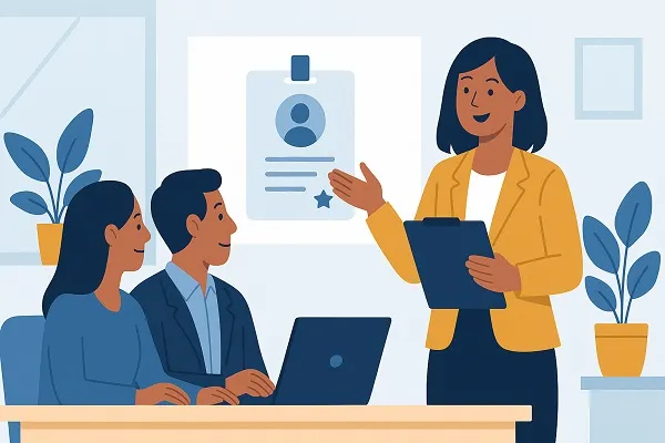 Manager guiding new employees during an onboarding session in a modern office environment.