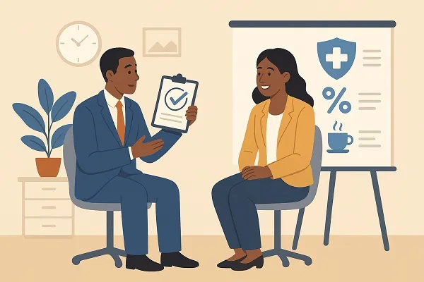 Illustration of two professionals discussing employee perks, with icons of health, discounts, and wellness in the background.