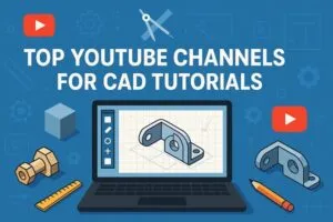 Illustration of a laptop showing CAD software with 3D models, drafting tools, and YouTube icons around it.