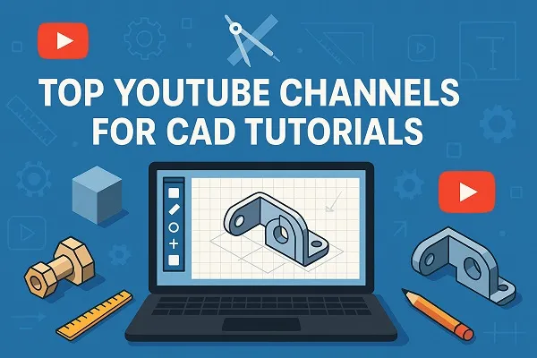 Illustration of a laptop showing CAD software with 3D models, drafting tools, and YouTube icons around it.