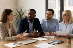 Business team discussing hiring strategies during a meeting.