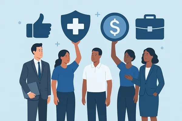 Wide illustration of HR professionals and employees exploring benefit options, with icons for healthcare, finance, and work resources.