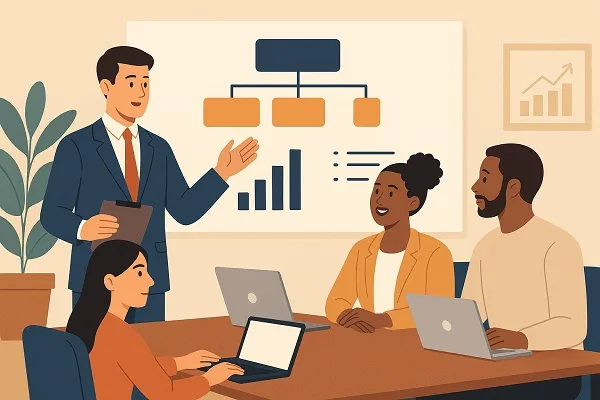Illustration of a hiring manager presenting a framework to employees during a team meeting.