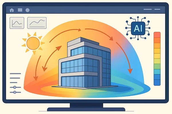 Illustration of AI-assisted environmental simulation in CAD software analyzing sunlight and energy efficiency on a building model.
