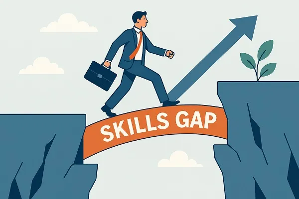 Professional crossing a bridge made of puzzle pieces between cliffs, symbolizing overcoming a skills gap.