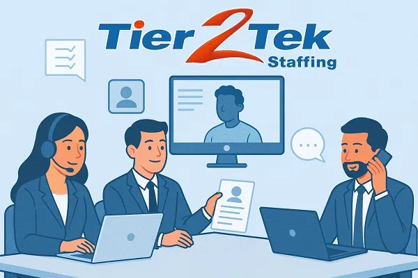 Recruiters from Tier2Tek Staffing collaborating in a virtual interview setting with company branding in the background.