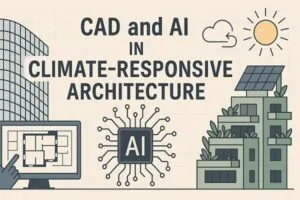 Illustration showing CAD and AI technologies shaping sustainable, climate-responsive building design.