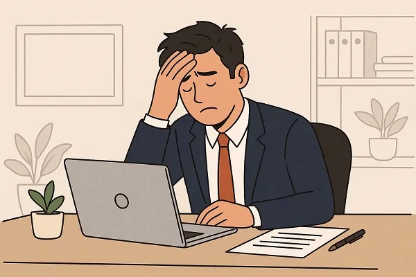 A job seeker sitting at a desk looking frustrated after making a mistake during an interview.