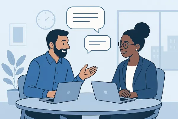 A manager and employee having a positive one-on-one discussion at a table with laptops in a modern office setting.