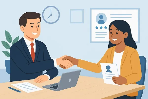 Recruiter warmly shaking hands with a job candidate in a professional office setting to create a welcoming interview experience.