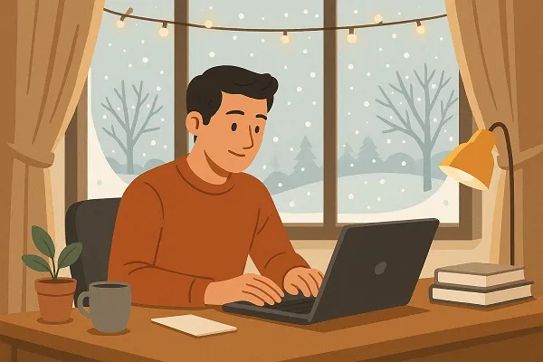 Person working on a laptop at a warm desk with snow falling outside the window.