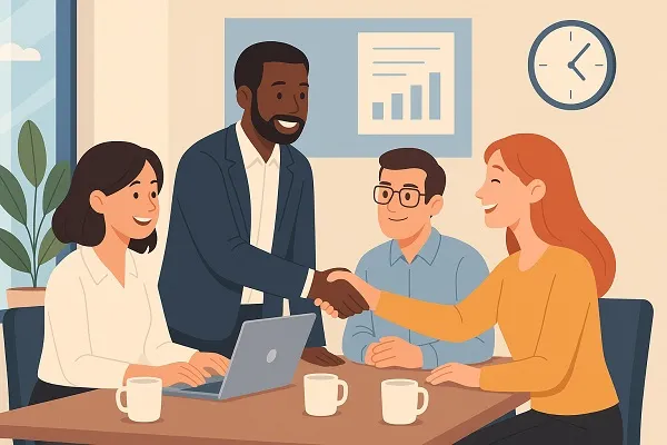 Illustration of diverse coworkers shaking hands and smiling during a meeting, symbolizing employee satisfaction and retention.