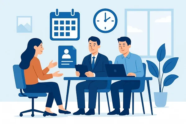 Illustration of a job interview with a female candidate and two interviewers in a modern office, representing flexible hiring practices.